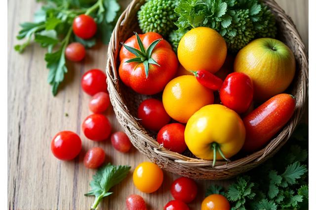 Variedad de frutas y verduras frescas en una cesta