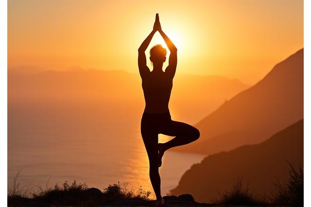 Persona relajada practicando yoga al amanecer