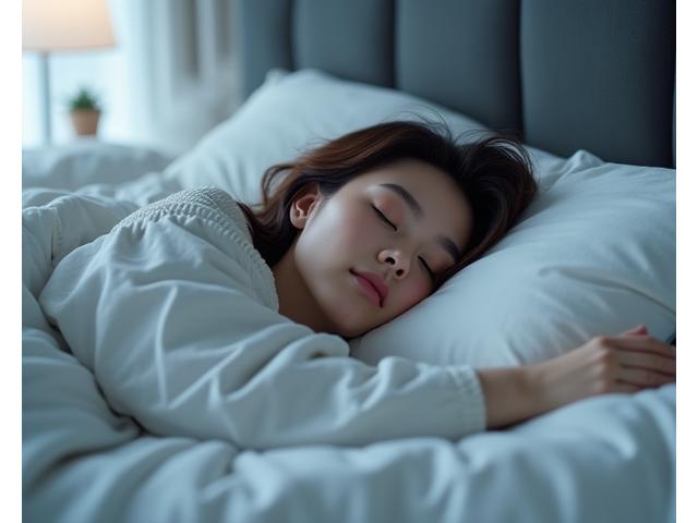 Persona durmiendo profundamente en una cama con sábanas limpias y suaves, bajo una luz tenue en una habitación minimalista y tranquila, simbolizando el sueño reparador.