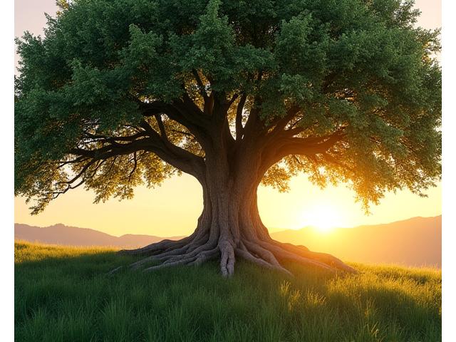 Un gran árbol robusto con raíces profundas y un follaje verde vibrante bajo un sol suave.